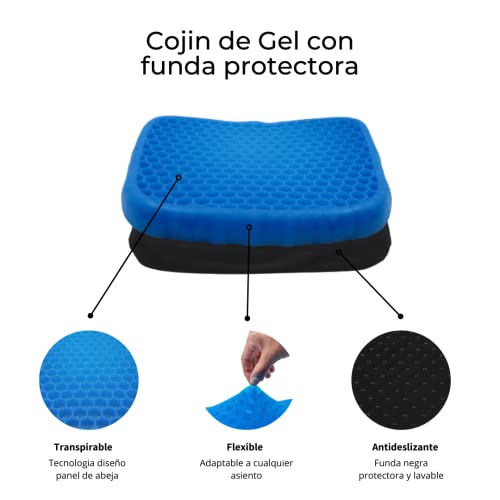 Cojín de Gel Confortable para Asiento de automóvil, Silla de Oficina, Silla de Ruedas. Alivia la Fatiga en la Cadera y Espalda .Incluye Funda Antideslizante