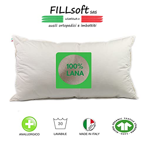 Cojín para cama de lana, funda de algodón percal certificado GOTS, 100% fibra natural sin tratar, cojín con relleno de lana peinada suave que regula la humedad.