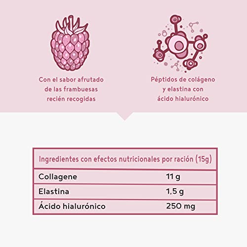 Colágeno con elastina marina y ácido hialurónico - Péptidos de hidrolizado de colágeno de tipo I, II y III - Sin aditivos - Sabor frambuesa - 450 g en polvo