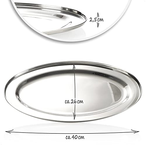 com-four® 2X Bandeja de Servicio de Acero Inoxidable - Bandeja Ovalada para Servir y Decorar - Bandeja de Servicio Brillante (2 Piezas - Ovalada 40cm con Borde)