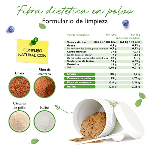 Combinación de fibras alimentarias - 400 g de polvo con cáscara de psilio, inulina (prebiótica), fibra de manzana y linaza - Alto contenido en fibra alimentaria - Vegano