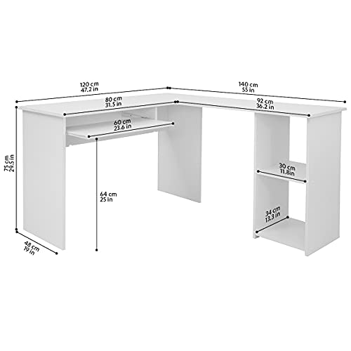 COMIFORT Escritorio Forma L - Mesa de Estudio Esquinera con Estantería de Estructura Firme, Moderna y Minimalista con 2 Baldas Espaciosas y de Gran Capacidad. Escritorio en L - Serpis Blanco