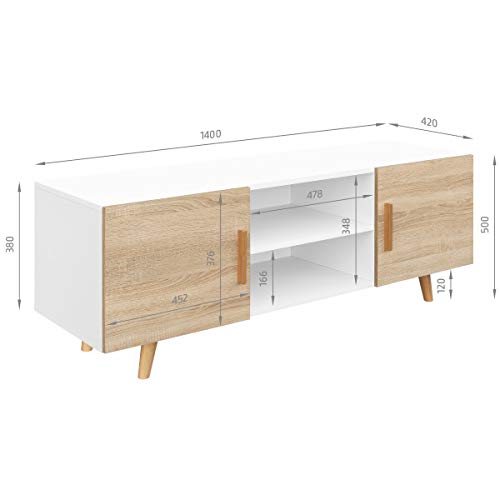 COMIFORT Mueble de TV - Mesa de Salón Moderno, Estilo Nórdico, Puertas con Tirador y Patas de Haya 100%, Muy Resistente, Fabricado en Europa, Color Blanco y Roble