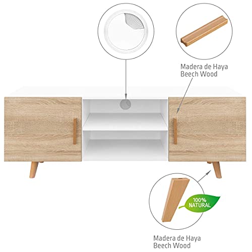 COMIFORT Mueble de TV - Mesa de Salón Moderno, Estilo Nórdico, Puertas con Tirador y Patas de Haya 100%, Muy Resistente, Fabricado en Europa, Color Blanco y Roble