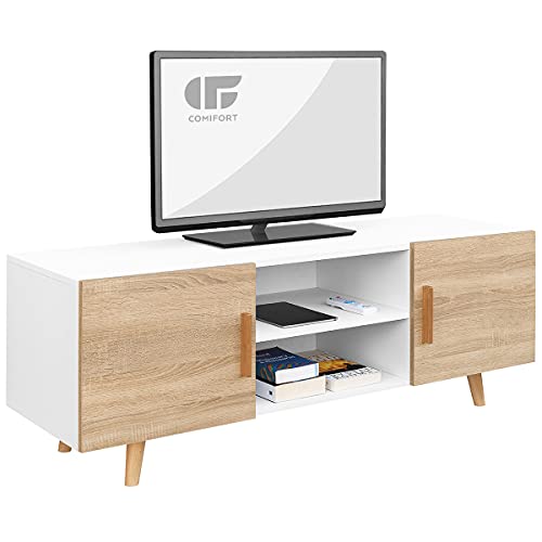 COMIFORT Mueble de TV - Mesa de Salón Moderno, Estilo Nórdico, Puertas con Tirador y Patas de Haya 100%, Muy Resistente, Fabricado en Europa, Color Blanco y Roble