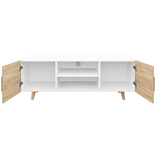 COMIFORT Mueble de TV - Mesa de Salón Moderno, Estilo Nórdico, Puertas con Tirador y Patas de Haya 100%, Muy Resistente, Fabricado en Europa, Color Blanco y Roble