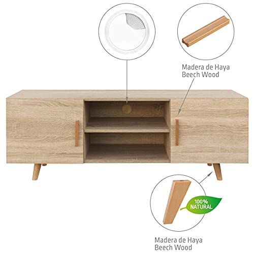 COMIFORT Mueble de TV - Mesa de Salón Moderno, Estilo Nórdico, Puertas con Tirador y Patas de Haya 100%, Muy Resistente, Fabricado en Europa, Color Roble