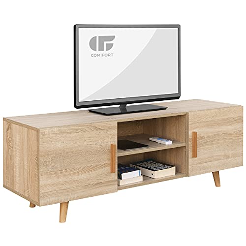 COMIFORT Mueble de TV - Mesa de Salón Moderno, Estilo Nórdico, Puertas con Tirador y Patas de Haya 100%, Muy Resistente, Fabricado en Europa, Color Roble