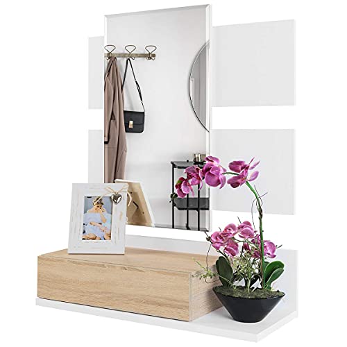 COMIFORT Recibidor Colgante - Mueble de Entrada con Cajón, Espejo y Estante de Estilo Nórdico y Moderno, Muy Resistente y Estable, de Color Blanco y Roble