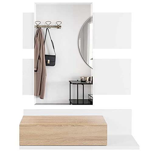 COMIFORT Recibidor Colgante - Mueble de Entrada con Cajón, Espejo y Estante de Estilo Nórdico y Moderno, Muy Resistente y Estable, de Color Blanco y Roble