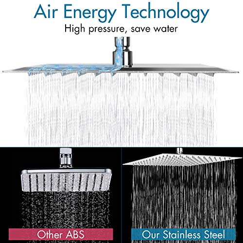 COMLIFE Alcachofa de Ducha, Placa de Ducha Ultra-Delgado Lluvia Cuadrada Cabezal de Ducha 304 Acero Inoxidable Lluvia de Alta Presión con 144 Jets de Silicona, Accesorios Baño, 12 Pulgadas