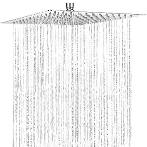 COMLIFE Alcachofa de Ducha, Placa de Ducha Ultra-Delgado Lluvia Cuadrada Cabezal de Ducha 304 Acero Inoxidable Lluvia de Alta Presión con 144 Jets de Silicona, Accesorios Baño, 12 Pulgadas