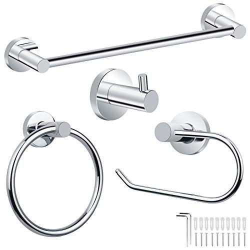 Conjunto Accesorios de Baño 4 Piezas, Toalleros Portarrollos Baño Toallero Accesorios Baño Acero Inoxidable Ganchos Toallero de Anilla, Accesorios de Baño Cocina Plata Acero Inoxidable