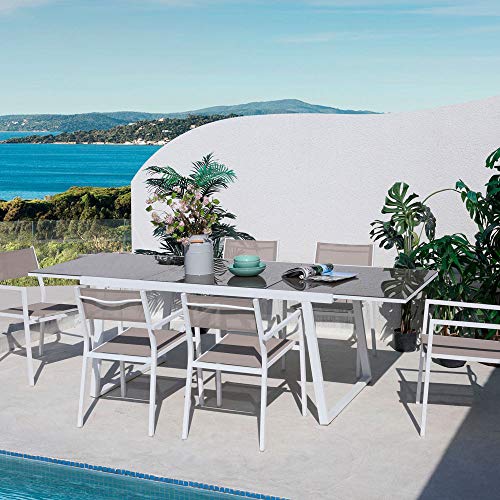 Conjunto de Mesa Extensible y 6 Sillas con Brazos Sicilia | GH91 | Mesa Rectangular de Cristal Templado y Sillas de Resina y Aluminio | Conjunto Jardín Exterior, Terraza o Interiores