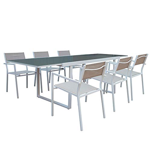 Conjunto de Mesa Extensible y 6 Sillas con Brazos Sicilia | GH91 | Mesa Rectangular de Cristal Templado y Sillas de Resina y Aluminio | Conjunto Jardín Exterior, Terraza o Interiores