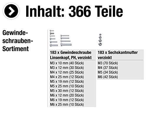 Connex DP8500106 - Juego de tornillos de rosca (366 piezas, incluye tuercas y tornillos)