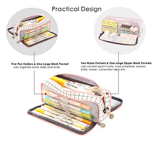 Coolzon Estuche Escolar con 3 Compartimentos, Estuches de Lápices de Gran Capacidad Estuche Organizador Portalapices Neceser Maquillaje para Niñas Niños Adolescentes Estudiantes Adultos, Blanco y rosa