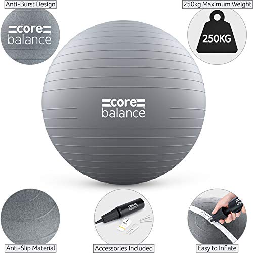 CORE BALANCE, Pelota de Pilates, Fitness, Yoga, Embarazo, Fitball para Ejercicios Gimnasia - Muy Resistente – Tamaño 55cm 65cm 75cm 85cm - Hinchador Incluido