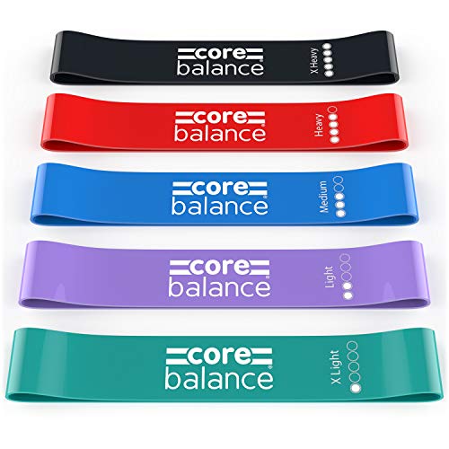 CORE BALANCE Set de 5 minicintas Elásticas para Fitness, Yoga, Pilates, Fisioterapia - Diferentes Niveles de Resistencia para Refuerzo Muscular - Látex Natural, Ejercicios Glúteos, Piernas y Brazos