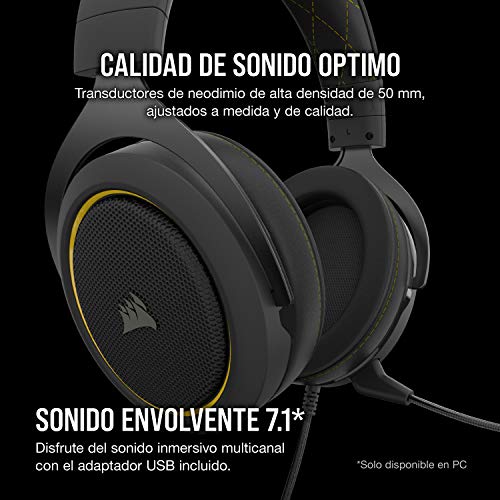 Corsair HS60 PRO Surround Auriculares para Juegos (7.1 Sonido envolvente, Espuma viscoelástica almohadillas, Unidireccional micrófono, Compatible con PC, PS4, Xbox One, Switch y móviles), Amarillo