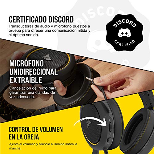 Corsair HS60 PRO Surround Auriculares para Juegos (7.1 Sonido envolvente, Espuma viscoelástica almohadillas, Unidireccional micrófono, Compatible con PC, PS4, Xbox One, Switch y móviles), Amarillo