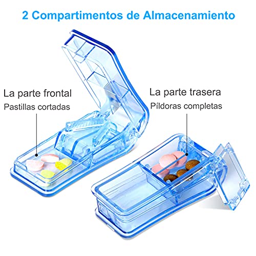 Cortador de Pastillas, Partidor de Pastillas con Cuchilla y Compartimiento de Almacenamiento Para Píldoras Pequeñas o Grandes, Cortado en Medio Cuarto Para Tabletas de Píldoras (Azul)