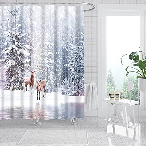 Cortina de Ducha con Estampado de Cielo Estrellado cósmico, decoración de baño Cortina de Copo de Nieve de Navidad de poliéster Impermeable S.5 150x180cm