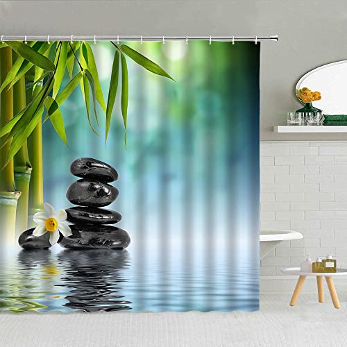 Cortina de Ducha de hidroterapia Zen Agua Yoga, Piedra de Masaje de orquídeas Hoja de bambú de Loto Cortina Impermeable para baño S.2 150x180cm