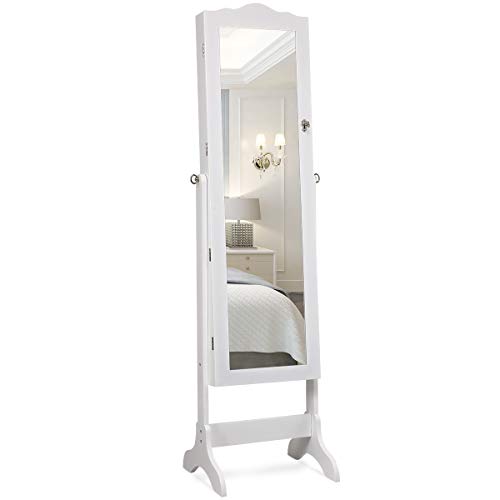 COSTWAY Armario para Joyas Espejo Joyero con 14 Luces LED Espejo de Cuerpo Entero con Cerradura Gabinete de Joyería de Pie Organizador para Anillos Cadena y Pendientes (Blanco)