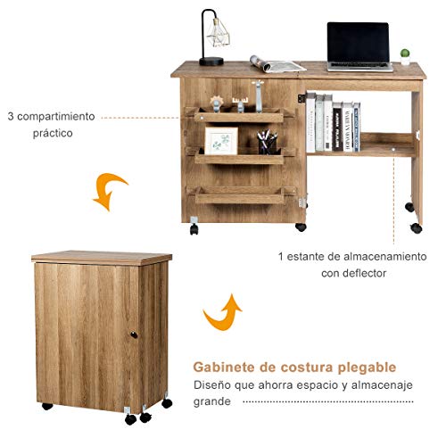 COSTWAY Armarios de Costura Mesa Plegable con Ruedas Mueble para Máquina de Coser (Natural)