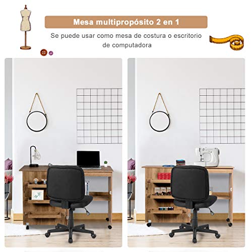 COSTWAY Armarios de Costura Mesa Plegable con Ruedas Mueble para Máquina de Coser (Natural)