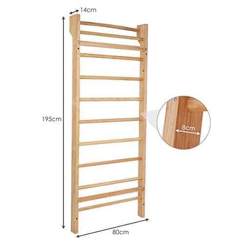 COSTWAY Escalera Sueca Barras de Pared 195x80x14cm Madera Espaldera para Gimnasio Fitness Casa Deportiva Carga hasta 100 kg