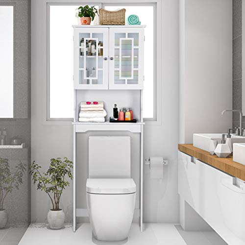 COSTWAY Estantería para Inodoro WC con 3 Estantes y Puerta Mueble de Baño de Madera Armario Alto de Lavadora Blanco