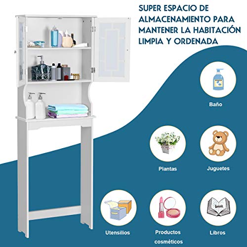 COSTWAY Estantería para Inodoro WC con 3 Estantes y Puerta Mueble de Baño de Madera Armario Alto de Lavadora Blanco