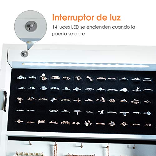 COSTWAY Gabinete de Joyería con 14 Luces LED Armario Espejo para Joyero con Cerradura y Ajustable en Inclinación Gabinete de Joyería de Pie Organizador para Anillos Cadena y Pendientes