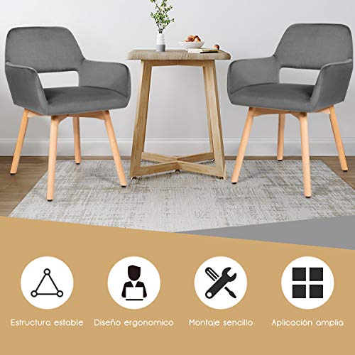 COSTWAY Juego de 2 Sillas de Comedor Silla Tapizada con Patas de Madera Taburete para Cocina Salón Oficina (Gris)