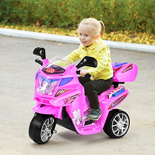 COSTWAY Moto montable para niños, Moto eléctrica Juguete de batería 6 V con música incorporada, focos, función adelante y atrás, Moto con 3 Ruedas con Cargador niños y niñas (Rosa)