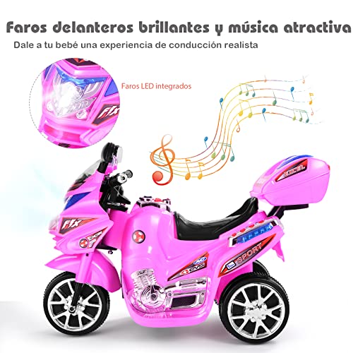 COSTWAY Moto montable para niños, Moto eléctrica Juguete de batería 6 V con música incorporada, focos, función adelante y atrás, Moto con 3 Ruedas con Cargador niños y niñas (Rosa)