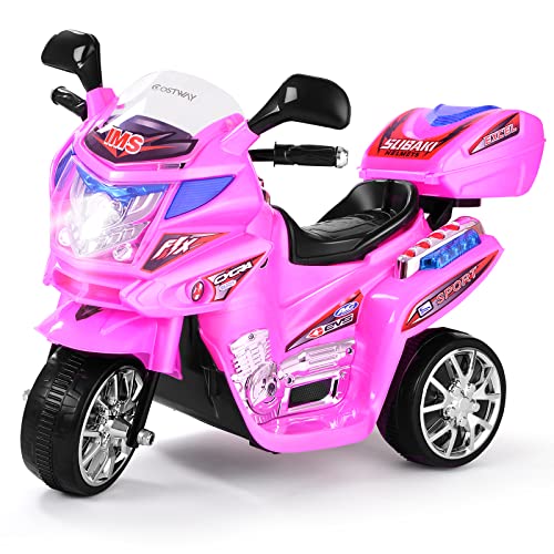 COSTWAY Moto montable para niños, Moto eléctrica Juguete de batería 6 V con música incorporada, focos, función adelante y atrás, Moto con 3 Ruedas con Cargador niños y niñas (Rosa)