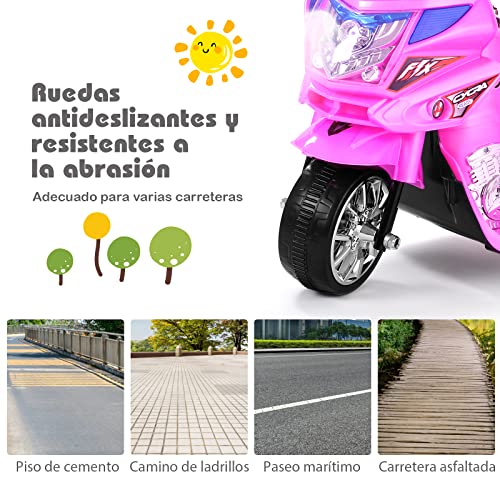 COSTWAY Moto montable para niños, Moto eléctrica Juguete de batería 6 V con música incorporada, focos, función adelante y atrás, Moto con 3 Ruedas con Cargador niños y niñas (Rosa)