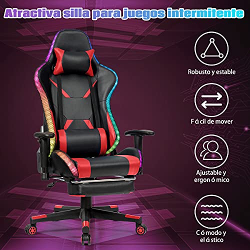 COSTWAY Silla para Gaming Ergonómico con Luces Taburete Giratoria con Respaldo,Reposabrazos y Reposapiés Silla de Carreras para Oficina Hogar Escritorio Ordenador (Rojo)