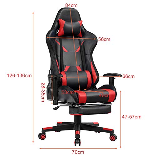 COSTWAY Silla para Gaming Ergonómico con Luces Taburete Giratoria con Respaldo,Reposabrazos y Reposapiés Silla de Carreras para Oficina Hogar Escritorio Ordenador (Rojo)