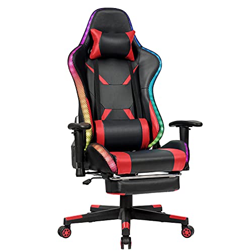 COSTWAY Silla para Gaming Ergonómico con Luces Taburete Giratoria con Respaldo,Reposabrazos y Reposapiés Silla de Carreras para Oficina Hogar Escritorio Ordenador (Rojo)