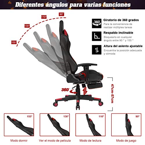 COSTWAY Silla para Gaming Ergonómico con Luces Taburete Giratoria con Respaldo,Reposabrazos y Reposapiés Silla de Carreras para Oficina Hogar Escritorio Ordenador (Rojo)