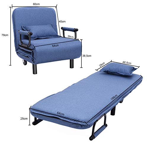 COSTWAY Silla Plegable Sofá Cama Individual Sillón con Respaldo Ajustable Tumbona con Colchón para Oficina Terraza Jardín (Azul)