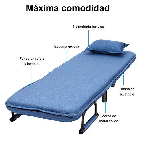 COSTWAY Silla Plegable Sofá Cama Individual Sillón con Respaldo Ajustable Tumbona con Colchón para Oficina Terraza Jardín (Azul)