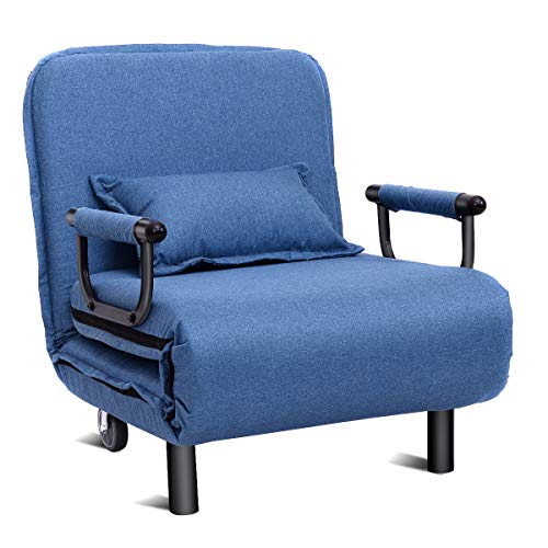 COSTWAY Silla Plegable Sofá Cama Individual Sillón con Respaldo Ajustable Tumbona con Colchón para Oficina Terraza Jardín (Azul)