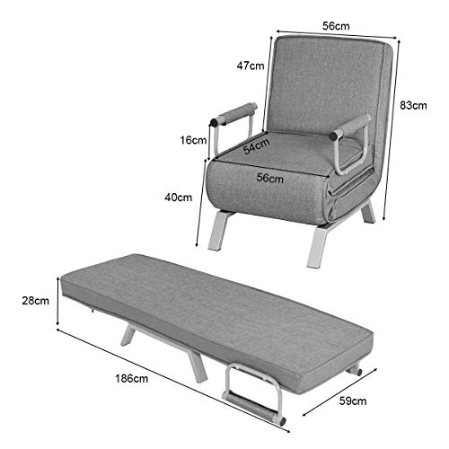 COSTWAY Sofá Cama Plegable Individual Silla Sillón Ajustable Tumbona con Colchón para Oficina Balcón Jardín (Gris)