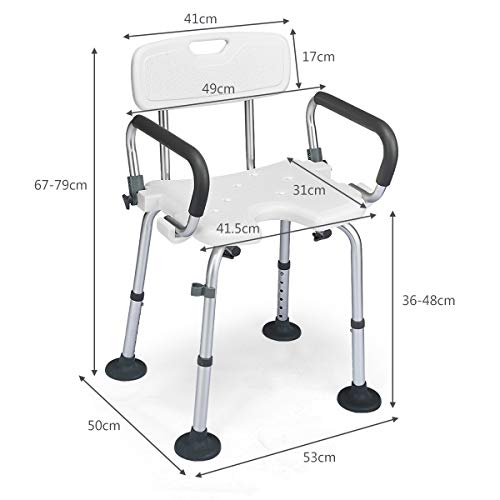 COSTWAY Taburete de Ducha con Respaldo y Reposabrazos Altura Ajustable Silla de Baño Antideslizantes Hebilla de Ducha Carga hasta 100kg