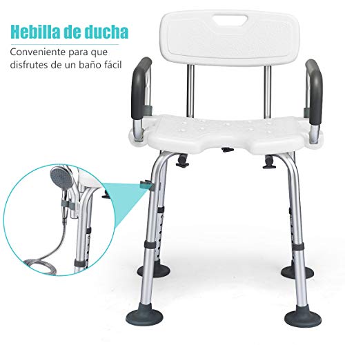 COSTWAY Taburete de Ducha con Respaldo y Reposabrazos Altura Ajustable Silla de Baño Antideslizantes Hebilla de Ducha Carga hasta 100kg